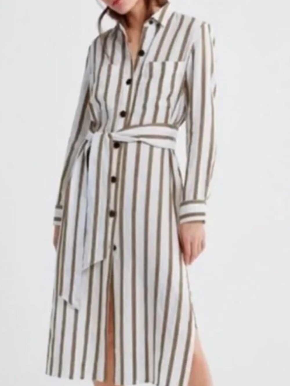 Zara Long-Sleeve Maxi Shirt Dress in Cream w/Brown Stripes